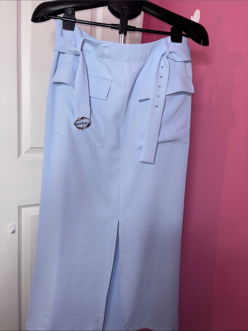 Melloday Light Blue Cargo Midi Skirt Utility Pockets Front Slit NWT L